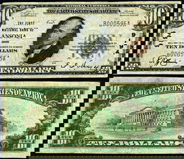 1929 T-1 $10 National Bank Note Ansonia Ohio Ch #9194 VF: 1929 T-1 $10 National Bank Note Ansonia Ohio Ch #9194 VF This $10 National Bank Note from 1929, issued by the First National Bank of Ansonia, Ohio, is a collectible piece of currency. Graded as Very F