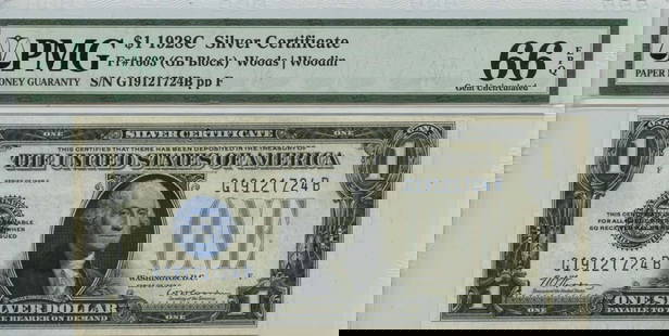 1928C $1 Blue Seal Silver Certificate PMG Gem66 EPQ Type 1603: 1928C $1 Blue Seal Silver Certificate PMG Gem66 EPQ Type 1603 This is a 1928C $1 Silver Certificate featuring a distinctive blue seal. Graded by PMG as Gem66 EPQ, this uncirculated note showcases exce