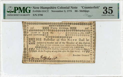 1775 New Hampshire 30 Shillings Colonial Currency PMG VF35: 1775 New Hampshire 30 Shillings Colonial Currency PMG VF35 This 1775 Colonial Currency note, denominated at 30 Shillings, showcases a grade of VF35 as certified by PMG (Certification Number: 220277205