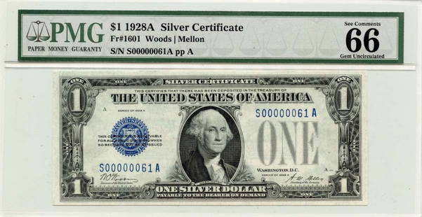 1928A $1 Silver Certificate Fr# 1601 PMG Gem 66 EPQ Two-Digit Serial: 1928A $1 Silver Certificate Fr# 1601 PMG Gem 66 EPQ Two-Digit Serial This 1928A $1 Silver Certificate, designated as Fr# 1601, is an exceptional piece for collectors. Graded PMG Gem 66 EPQ, it showcas