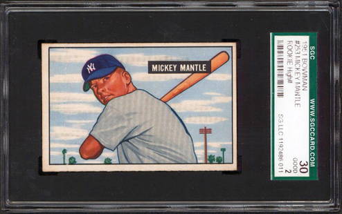 Mickey Mantle 1951 Bowman Rookie Card #253 SGC Good 2 Yankees: Mickey Mantle 1951 Bowman Rookie Card #253 SGC Good 2 Yankees This is a Mickey Mantle 1951 Bowman #253 Rookie Card, graded Good 2 by SGC. An iconic piece for any baseball collector, this original card