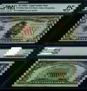 1928-C $5 Legal Tender Mule Note PMG VF25 Cert# 1524054-071: 1928-C $5 Legal Tender Mule Note PMG VF25 Cert# 1524054-071 This is a 1928-C $5 Legal Tender note, categorized as a Mule, and graded as VF25 by PMG. It has been circulated and is in pre-owned conditio