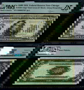 1934 $500 Federal Reserve Note Chicago PMG VF25 Star Block: 1934 $500 Federal Reserve Note Chicago PMG VF25 Star Block This 1934 $500 Federal Reserve Note from Chicago is a remarkable piece for collectors. Graded as VF25 by PMG, it showcases a blend of history