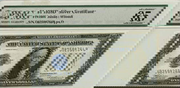 1928D $1 Blue Seal Silver Certificate Fr# 1604 PMG Gem 65 EPQ: 1928D $1 Blue Seal Silver Certificate Fr# 1604 PMG Gem 65 EPQ This stunning 1928D $1 Silver Certificate features a blue seal and is designated as Fr# 1604. Graded by PMG as Gem 65 EPQ, this uncirculat