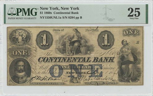 1860s $1 Continental Bank NY Note PMG VF25 Certified: 1860s $1 Continental Bank NY Note PMG VF25 Certified This is an 1860s $1 Continental Bank note from New York, graded PMG VF25. This obsolete note is a collectible piece of currency that has circulated