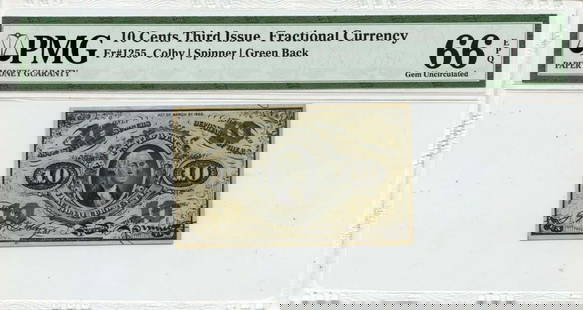PMG GEM 66 EPQ Third Issue 10 Cents Fractional Note Fr#1255: PMG GEM 66 EPQ Third Issue 10 Cents Fractional Note Fr#1255 This offering is a Third Issue 10 Cents Fractional Note, designated as Fr#1255, and graded by PMG at GEM 66 EPQ. This uncirculated note feat