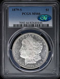 1879-S Morgan Dollar PCGS MS66 with CAC Certification: 1879-S Morgan Dollar PCGS MS66 with CAC Certification This 1879-S Morgan Dollar is a stunning example of American coinage, certified by PCGS with a high grade of MS66. Struck in San Francisco, this