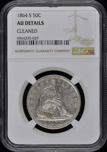 1864 NGC AU Details Seated Liberty Half Dollar 50C Philadelphia: 1864 NGC AU Details Seated Liberty Half Dollar 50C Philadelphia This 1864 Seated Liberty Half Dollar is a remarkable piece of numismatic history, certified by NGC with a grade of AU Details. Struck