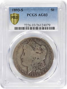 1893-S Morgan Silver Dollar AG PCGS Certified San Francisco Coin: 1893-S Morgan Silver Dollar AG PCGS Certified San Francisco Coin This 1893-S Morgan Silver Dollar is a remarkable piece of numismatic history, minted in San Francisco. It features a composition of