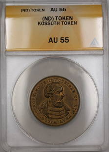 No Date Kossuth Token ANACS AU 55 Circulated Collectible: No Date Kossuth Token ANACS AU 55 Circulated Collectible This No Date Game Counter Kossuth Token is graded AU 55 by ANACS, indicating it is in excellent condition with minimal wear. This pre-owned