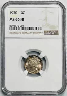 1930 Mercury Dime NGC MS-66 FB Silver Coin Uncirculated: 1930 Mercury Dime NGC MS-66 FB Silver Coin Uncirculated This 1930 Mercury Dime is certified by NGC with a remarkable grade of MS-66, indicating its uncirculated condition and full bands. Made of