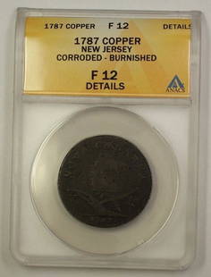 1787 New Jersey Copper Coin ANACS F-12 Details Circulated: 1787 New Jersey Copper Coin ANACS F-12 Details Circulated This 1787 New Jersey Copper Coin features a grade of F-12 Details, certified by ANACS. It is composed of copper and is a circulated piece,