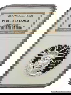 2005-W NGC PR70DCAM $100 Statue of Liberty Platinum Eagle Coin: 2005-W NGC PR70DCAM $100 Statue of Liberty Platinum Eagle Coin This stunning 2005-W $100 Statue of Liberty Platinum Eagle is certified by NGC with a perfect grade of PR70DCAM, ensuring its