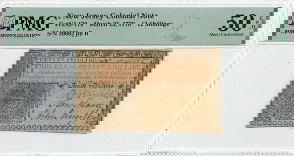 1776 NJ-179 Colonial Note 12 Shillings PMG AU50 EPQ: 1776 NJ-179 Colonial Note 12 Shillings PMG AU50 EPQ This 1776 March 25 Colonial Note from New Jersey is a remarkable piece of history. Denominated at 12 Shillings, this note has been graded AU50 by PM