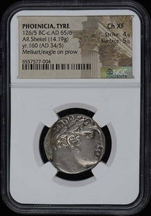 Phoenicia Tyre Shekel 126/5 BC c.AD 65 NGC XF45 Coin: Phoenicia Tyre Shekel 126/5 BC c.AD 65 NGC XF45 Coin This ancient coin is a Phoenician Shekel from Tyre, dating between 126/5 BC and c.AD 65/6. It is graded as XF45 by NGC, indicating its excellent co
