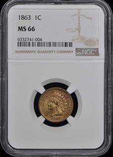 1863 NGC MS66 Copper-Nickel Indian Cent Uncirculated Coin: 1863 NGC MS66 Copper-Nickel Indian Cent Uncirculated Coin This 1863 Copper-Nickel Indian Cent is a remarkable piece of numismatic history, certified by NGC with a grade of MS66, indicating its excepti