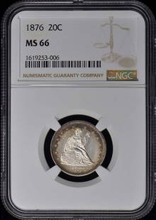 1876 NGC MS66 Twenty-Cent Coin Philadelphia Mint Uncirculated: 1876 NGC MS66 Twenty-Cent Coin Philadelphia Mint Uncirculated This 1876 Twenty-Cent Piece is a remarkable example of numismatic history, certified by NGC with a grade of MS66, indicating it is in unci
