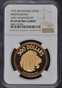 1975 Singapore Anniversary 3-Piece Coin Set NGC PR69DCAM: 1975 Singapore Anniversary 3-Piece Coin Set NGC PR69DCAM This impressive 1975 3-piece set commemorating the anniversary of Singapore includes coins valued at G$500, G$250, and G$100, all certified by