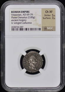 Vespasian Roman Denarius AD 69-79 NGC XF45 Certified Coin: Vespasian Roman Denarius AD 69-79 NGC XF45 Certified Coin This ancient Roman denarius features the likeness of Emperor Vespasian, dated to the period of AD 69-79. Certified by NGC with a grade of