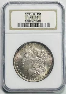 1893 O NGC MS62 Morgan Silver Dollar Uncirculated Coin: 1893 O NGC MS62 Morgan Silver Dollar Uncirculated Coin This 1893 O Morgan Silver Dollar is a remarkable piece, certified by NGC with a grade of MS 62. Struck in silver at the New Orleans Mint, this