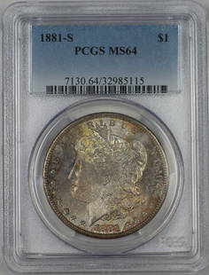 1881-S Morgan Silver Dollar PCGS MS 64 Beautiful Toning: 1881-S Morgan Silver Dollar PCGS MS 64 Beautiful Toning This 1881-S Morgan Silver Dollar is a stunning example of American coinage, graded MS 64 by PCGS, ensuring its high quality and beauty. Struck