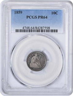 1859 Liberty Seated Silver Dime PR64 PCGS Proof Coin: 1859 Liberty Seated Silver Dime PR64 PCGS Proof Coin This 1859 Liberty Seated Silver Dime, graded PR64 by PCGS, is a stunning representation of numismatic artistry. Struck in Philadelphia, this