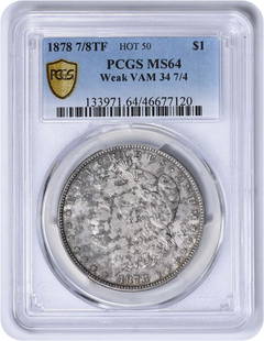 1878 Morgan Silver Dollar VAM 34 MS64 PCGS Uncirculated: 1878 Morgan Silver Dollar VAM 34 MS64 PCGS Uncirculated This 1878 Morgan Silver Dollar, classified as VAM 34, is a remarkable piece for collectors. Graded MS64 by PCGS, it showcases an uncirculated