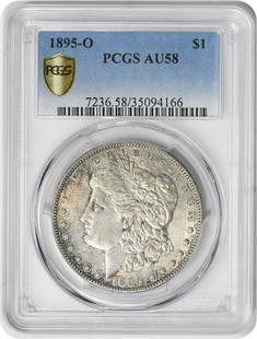 1895-O Morgan Silver Dollar AU58 PCGS New Orleans 90% Silver: 1895-O Morgan Silver Dollar AU58 PCGS New Orleans 90% Silver This 1895-O Morgan Silver Dollar, certified by PCGS with an AU58 grade, showcases the artistry of designer George T. Morgan. Minted in