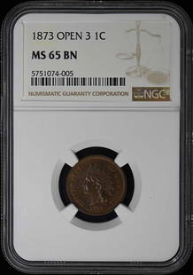 1873 NGC MS65BN Bronze Indian Cent Uncirculated Philadelphia Coin: 1873 NGC MS65BN Bronze Indian Cent Uncirculated Philadelphia Coin This 1873 Indian Cent, minted in Philadelphia, is a highly collectible piece certified by NGC with a grade of MS65BN, indicating it is