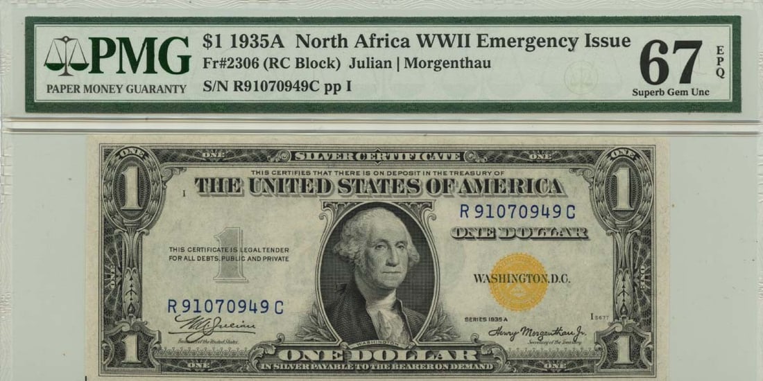1935A $1 WWII Emergency Issue North Africa PMG Superb 67 EPQ: 1935A $1 WWII Emergency Issue North Africa PMG Superb 67 EPQ This 1935A $1 note from North Africa represents a WWII Emergency Issue, designated as Fr# 2306. It is graded as Uncirculated, with a PMG ce