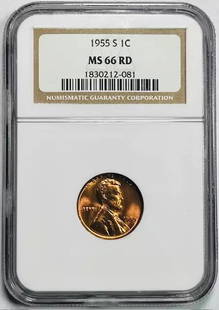 1955 S Lincoln Penny NGC MS66 RD Uncirculated Copper: 1955 S Lincoln Penny NGC MS66 RD Uncirculated Copper This 1955 S Small Cents Lincoln Penny is a remarkable example of coinage with a high grade of MS 66, certified by NGC. Composed of copper, this unc