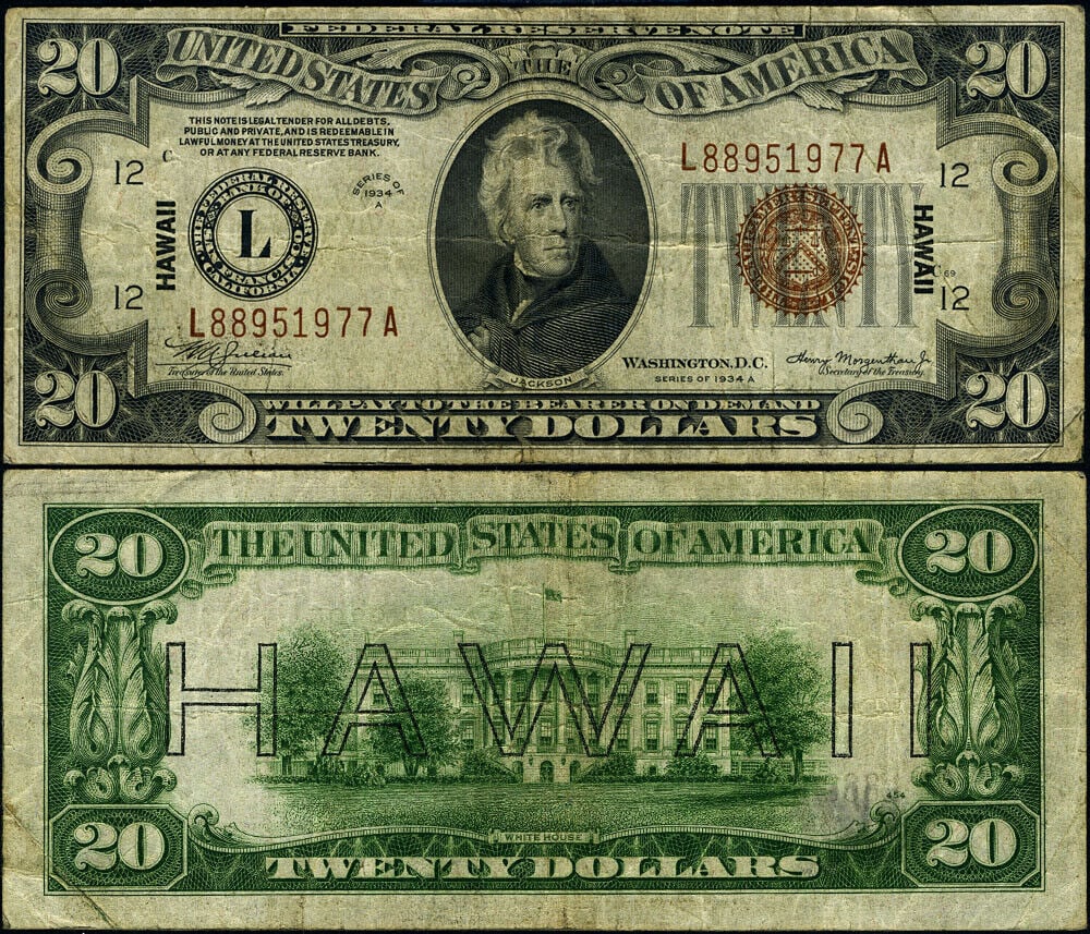 1934-A $20 Hawaii Note L-A Block Very Fine Uncertified: 1934-A $20 Hawaii Note L-A Block Very Fine Uncertified This is a 1934-A $20 Hawaii Note, designated as L-A Block. The note is in circulated condition and graded as Very Fine (VF). It is uncertified an