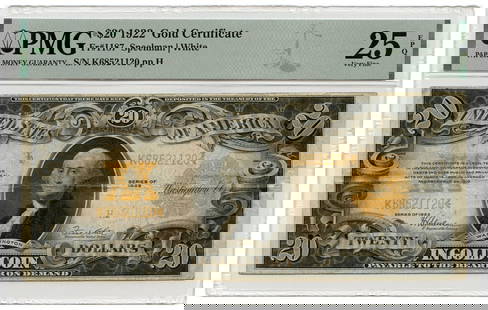 1922 $20 FR. 1187 Gold Certificate PMG VF25 Uncertified: 1922 $20 FR. 1187 Gold Certificate PMG VF25 Uncertified This item is a 1922 $20 Gold Certificate, designated as FR. 1187. It is in Very Fine 25 (VF25) condition, as graded by PMG, and is an exceptiona