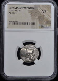 Ancient c.340-330 BC Lucania Metapontum AR Stater NGC VF20: Ancient c.340-330 BC Lucania Metapontum AR Stater NGC VF20 This c.340-330 BC Lucania, Metapontum AR Stater is a remarkable piece of ancient coinage, certified by NGC with a grade of VF20. The coin sho