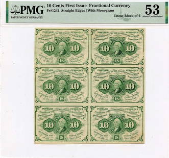 PMG AU53 First Issue 10 Cents Fractional Currency Sheet Fr#1242 6 Notes: PMG AU53 First Issue 10 Cents Fractional Currency Sheet Fr#1242 6 Notes This listing features a First Issue 10 Cents Fractional Currency Sheet (Fr#1242) certified by PMG with a grade of AU53. The shee