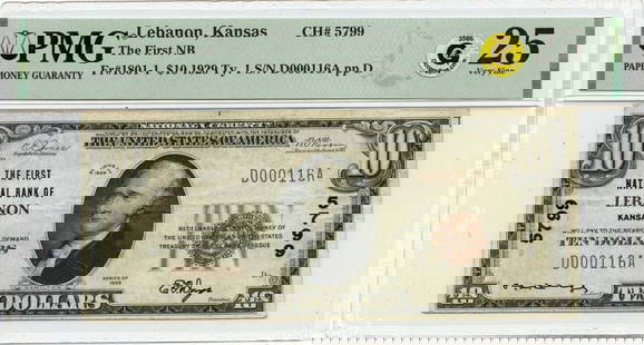 1929 $10 First National Bank Lebanon Kansas PMG VF25 Note: 1929 $10 First National Bank Lebanon Kansas PMG VF25 Note This 1929 $10 note from the First National Bank in Lebanon, Kansas is graded by PMG as VF25, indicating its very fine condition. It is a circu