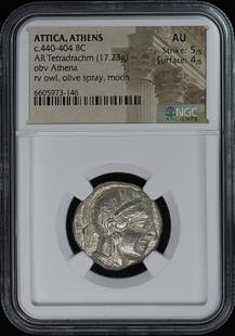 Ancient Attica Athens Tetradrachm Owl Coin NGC AU 440-404 BC: Ancient Attica Athens Tetradrachm Owl Coin NGC AU 440-404 BC This ancient Tetradrachm from Attica, Athens, dating back to c. 440-404 BC, features the iconic owl design, symbolizing wisdom and protecti