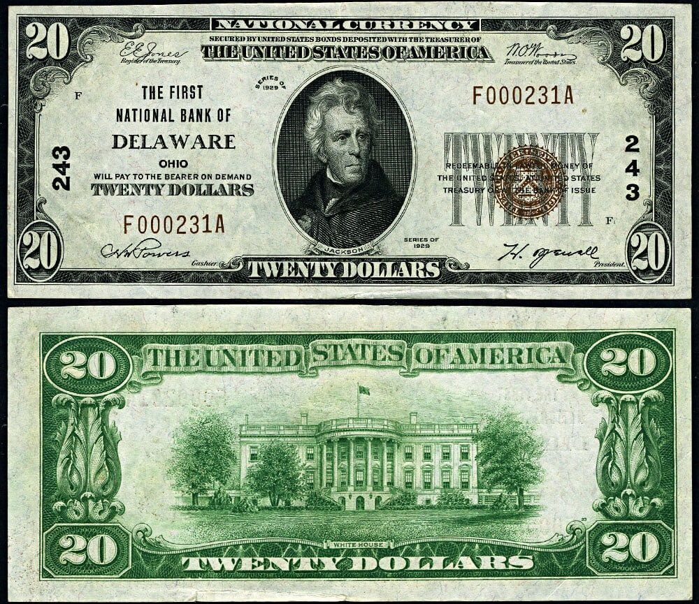 1929 T-1 $20 National Bank Note Delaware Ohio AU Collectible: 1929 T-1 $20 National Bank Note Delaware Ohio AU Collectible This is a $20 National Bank Note from Delaware, Ohio, issued in 1929 (T-1). The note is graded as About Uncirculated (AU), indicating it ha