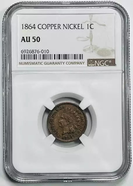 1864 Indian Head Penny NGC AU 50 Copper Coin: 1864 Indian Head Penny NGC AU 50 Copper Coin This 1864 Small Cents Indian Head Penny is a remarkable piece of numismatic history, certified by NGC with a grade of AU 50. Made of copper, this circulate