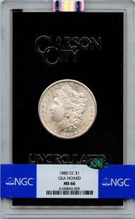 1880-CC Morgan Dollar NGC MS66 GSA Hoard CAC Certified Coin: 1880-CC Morgan Dollar NGC MS66 GSA Hoard CAC Certified Coin This 1880-CC Morgan Dollar is a stunning example, graded MS66 by NGC, showcasing its exceptional quality in uncirculated condition.