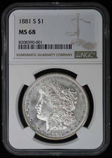 1881-S NGC MS68 Uncirculated Morgan Dollar San Francisco: 1881-S NGC MS68 Uncirculated Morgan Dollar San Francisco This 1881-S Morgan Dollar is a stunning example, graded MS68 by NGC, showcasing its uncirculated condition. Minted in San Francisco, this