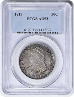 1817 Bust Silver Half Dollar AU53 Certified PCGS: 1817 Bust Silver Half Dollar AU53 Certified PCGS This 1817 Bust Silver Half Dollar is graded AU53 by PCGS, indicating it has been well-preserved with only light wear. Struck from silver, this coin