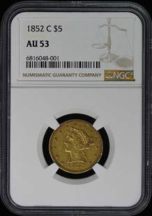 1852-C Charlotte Gold Half Eagle $5 Coin NGC AU53: 1852-C Charlotte Gold Half Eagle $5 Coin NGC AU53 This 1852-C Charlotte Half Eagle Gold coin, with a denomination of $5, is certified by NGC with an AU53 grade, indicating it has been circulated but i