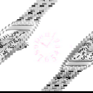 FRANCK MULLER Tonneau Curvex Petit Diamond 2500QZ Ladies Watch 27mm x 20mm: FRANCK MULLER Tonneau Curvex Petit Diamond 2500QZ Ladies Watch 27mm x 20mm Experience elegance with the FRANCK MULLER Tonneau Curvex Petit Diamond ladies watch, featuring a stunning silver dial set in