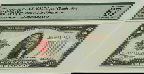 1928C $2 Legal Tender Note Fr# 1504 PMG Gem 67 EPQ: 1928C $2 Legal Tender Note Fr# 1504 PMG Gem 67 EPQ This 1928C $2 Legal Tender Note, designated as Fr# 1504, is certified by PMG with a Gem 67 EPQ grade, indicating it is in uncirculated condition. A n