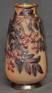 Antique Emile Galle 11.5'' Cherry Vase Circa 1900 Hand Blown Glass: Antique Emile Galle 11.5'' Cherry Vase Circa 1900 Hand Blown Glass This exquisite Cameo Galle Blow-Out Overlay Glass Cherry Vase, crafted circa 1900, showcases the artistry of Emile Galle. Made from h