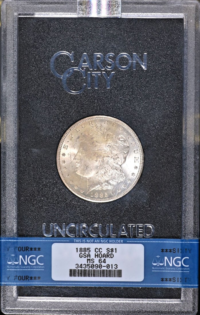 1885-CC GSA Morgan Silver Dollar NGC MS64 Carson City Silver Coin: 1885-CC GSA Morgan Silver Dollar NGC MS64 Carson City Silver Coin This 1885-CC GSA Morgan Silver Dollar is a remarkable piece, certified by NGC with a grade of MS64, indicating its uncirculated condit