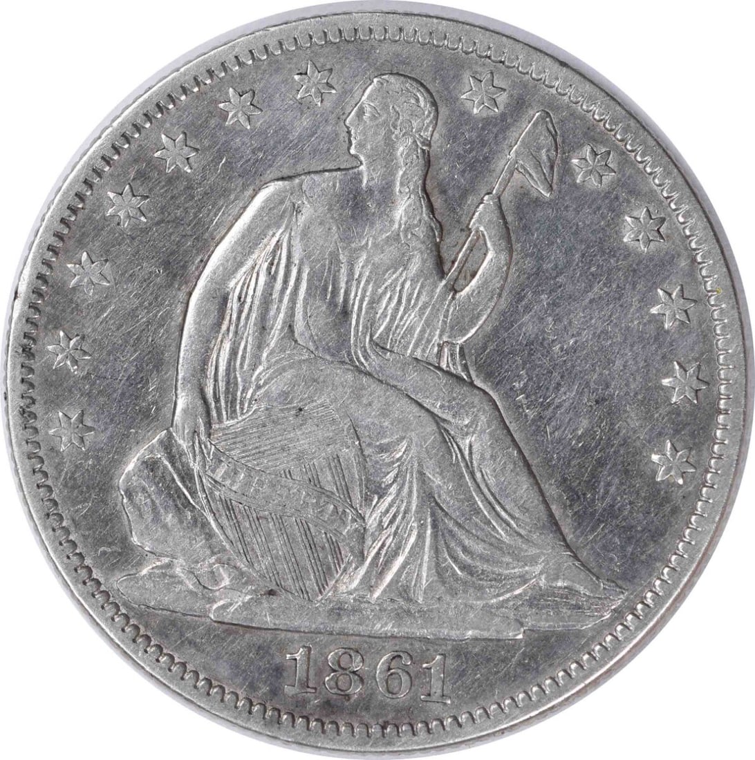 1861 Liberty Seated Half Dollar 50C Uncertified Silver Coin: 1861 Liberty Seated Half Dollar 50C Uncertified Silver Coin This 1861 Liberty Seated Half Dollar showcases the artistry of designers Thomas Sully and Christian Gobrecht. Struck in Philadelphia, this c