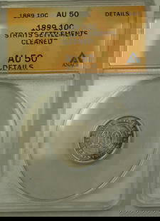 1889 East India Company Straits Settlement 10 Cent Silver Coin ANACS AU 50: 1889 East India Company Straits Settlement 10 Cent Silver Coin ANACS AU 50 This 1889 East India Company Straits Settlement 10 Cent coin is composed of silver and has been certified by ANACS with a gra