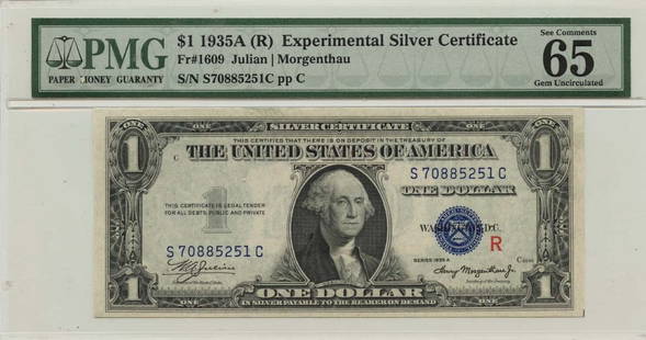 1935A $1 Experimental Silver Certificate Fr# 1609 PMG Gem 65 EPQ: 1935A $1 Experimental Silver Certificate Fr# 1609 PMG Gem 65 EPQ This 1935A $1 Experimental Silver Certificate (Fr# 1609) is graded by PMG as Gem 65 EPQ, indicating its excellent condition and quality